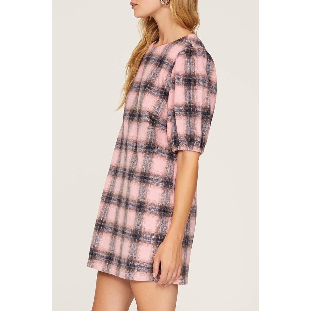 Pink & Gray Plaid Puff Sleeve Mini Dress By Toccin X RTR Size 12 Blend Fabric